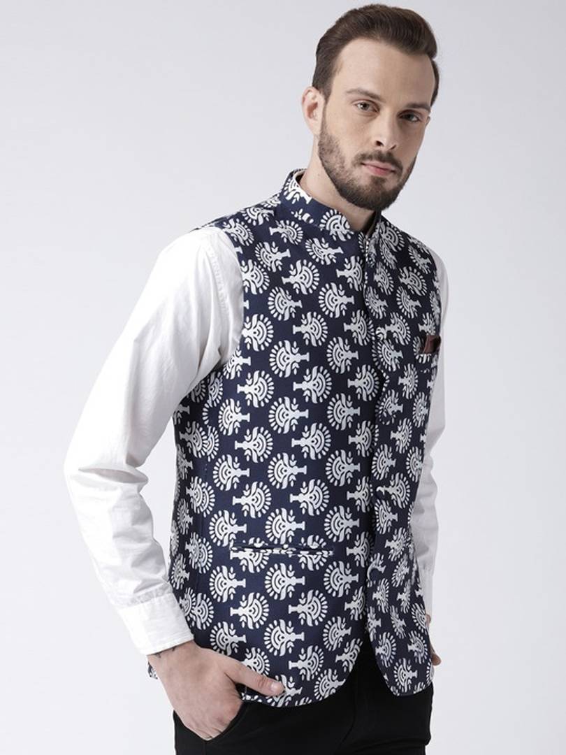 Men's Navy Blue Viscose
 Printed Nehru Jackets